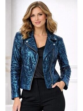 Colleen Lopez Women's Luxe Sequin Blue Moto Jacket - Size XL